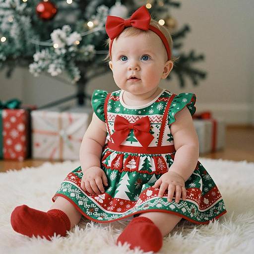 Baby Girl in Christmas Dress Sitting on Rug