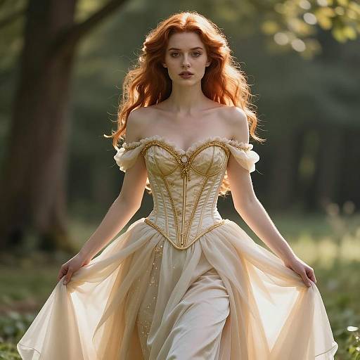 Woman in Elegant Gold Corset Dress Outdoors