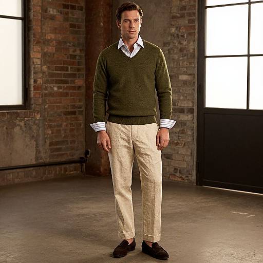Photograph of a handsome man with short brown hair, wearing a green sweater, white shirt, beige pants, and black shoes, standing in a brick