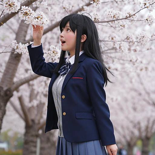 Photograph of a Japanese schoolgirl with black hair, wearing a navy blazer and gray pleated skirt, joyfully reaching for cherry blossoms.