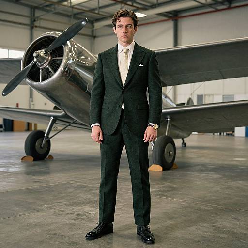 Photograph of a handsome man in a black pinstripe suit with white shirt, standing in front of a vintage silver airplane in a spacious hangar
