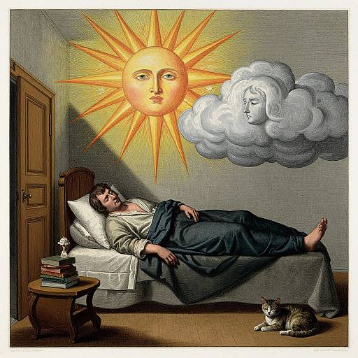 Illustration of a man sleeping in bed, sun face with rays and cloud face above, cat on floor, wooden door, books.