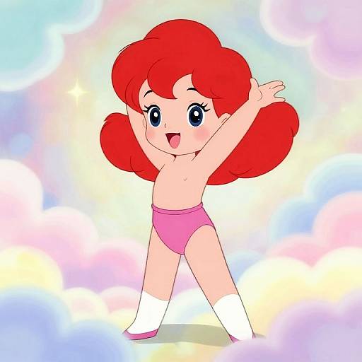 Digital cartoon of a cheerful, topless, red-haired girl with blue eyes, wearing pink shorts and white socks, arms raised, against a colorful,