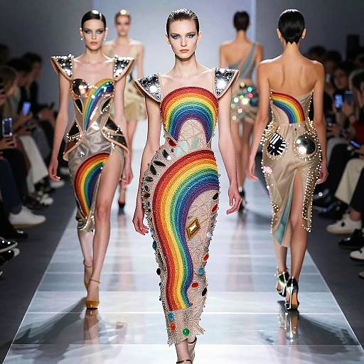Fashion runway photograph featuring three models in neon rainbow dresses with metallic shoulder accents and high heels, walking down a brightly lit runway.