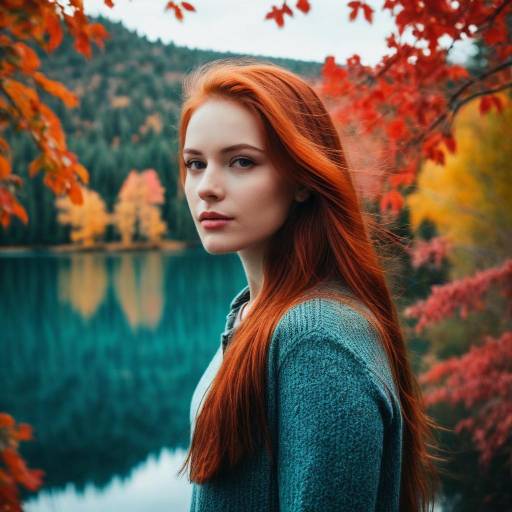 Redhead Woman in Autumn by Lake