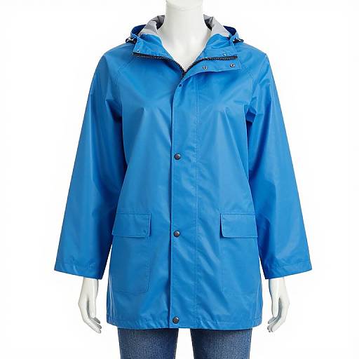Photograph of a bright blue, long-sleeved, hooded raincoat with black buttons and pockets, displayed on a white mannequin against