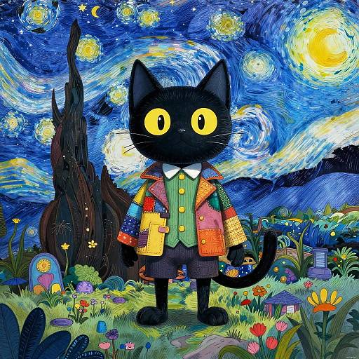 Digital illustration of a black cat with wide yellow eyes, wearing a colorful patchwork jacket, standing in a vibrant, starry, Van Gogh-inspired