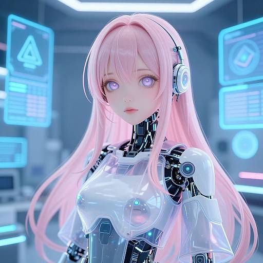 CGI anime-style image of a pink-haired, blue-eyed cybernetic woman with glowing purple eyes, wearing a transparent, futuristic armored suit, in