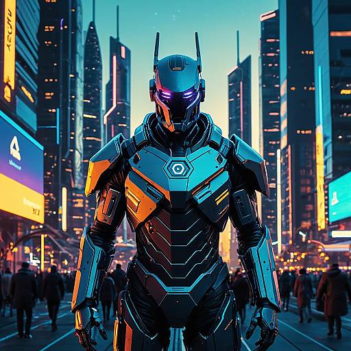 Cybernetic Guardian in Futuristic Cityscape