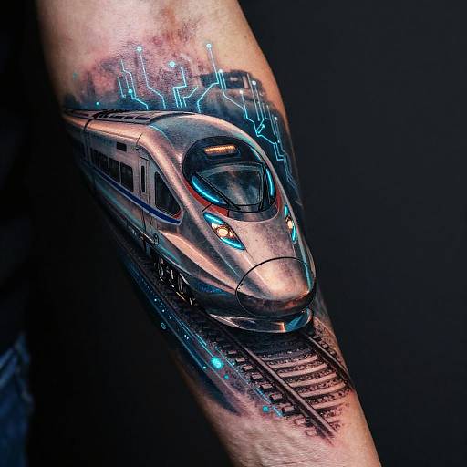 Digital tattoo on human arm featuring a futuristic, glowing blue and silver high-speed train with neon lights and circuit patterns.