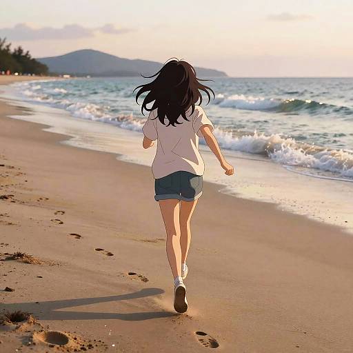 Anime Girl Running on Dawn Beach