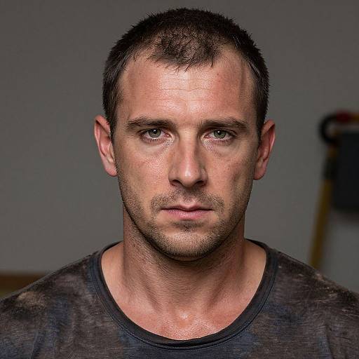 Photograph of a serious, close-up, light-skinned, short-haired, muscular man with stubble, wearing a black, slightly textured shirt,