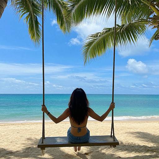 Photograph of a woman with long dark hair, back to camera, sitting on a wooden swing under palm trees, facing a turquoise ocean and bright blue