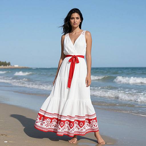 Photograph of a dark-haired woman in a white dress with red lace trim and ribbon, standing barefoot on a sunny beach with blue ocean waves in