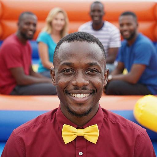 Smiling Man with Yellow Bow Tie and Group in Background