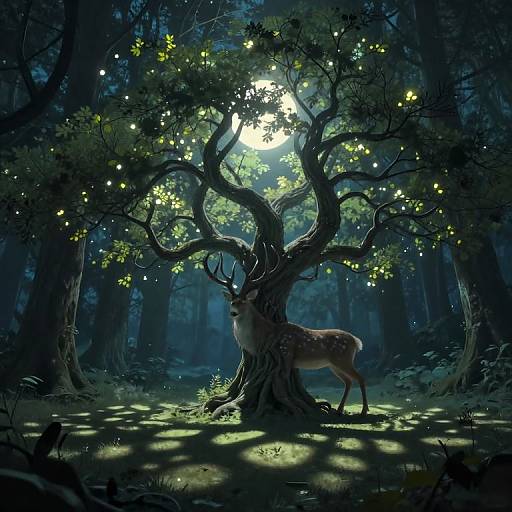 Digital art: Illuminated forest scene with a deer standing beneath a glowing, firefly-lit tree, bathed in moonlight, surrounded by dark