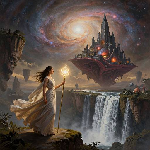 Digital fantasy artwork: Long-haired woman in white dress holding torch gazes at floating, glowing castle with swirling galaxy and waterfall below.