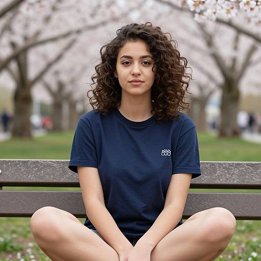 Diverse Woman on Park Bench in Spring