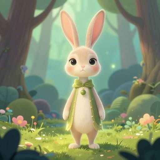 Digital illustration of a cute, white bunny with large pink ears, standing in a sunlit forest, wearing a green cape with a gemstone, surrounded