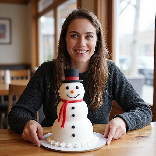 Photograph of a smiling woman with long brown hair, wearing a black sweater, holding a small snowman cake with a top hat and red ribbon,