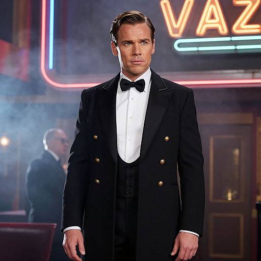 Photograph of a handsome man in a black double-breasted tuxedo with gold buttons, black bow tie, white shirt, standing in a sm