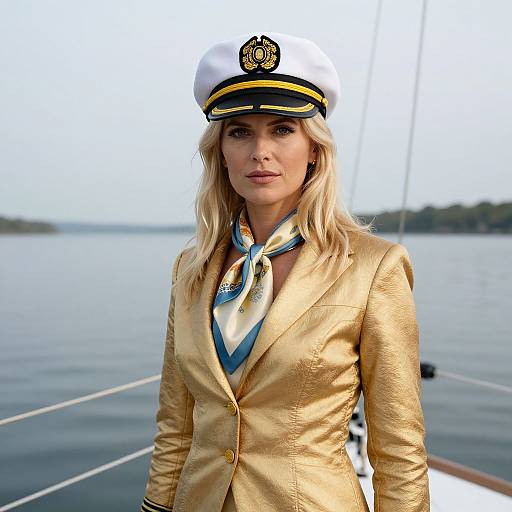Photograph of a blonde woman in a gold blazer, white naval cap, and blue-and-yellow scarf, standing on a boat against a calm lake