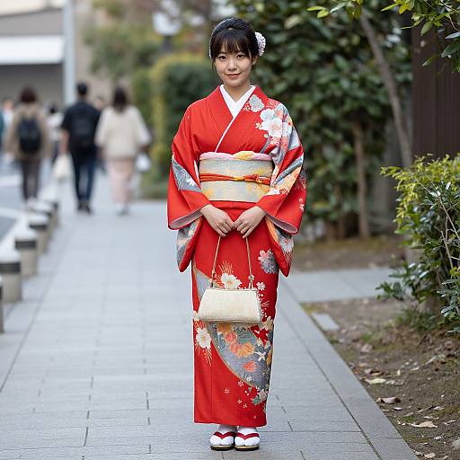Woman in Red and Grey Kimono