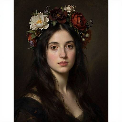 Photorealistic digital portrait of a fair-skinned woman with long black hair, wearing a floral crown of white and red roses, against a dark background