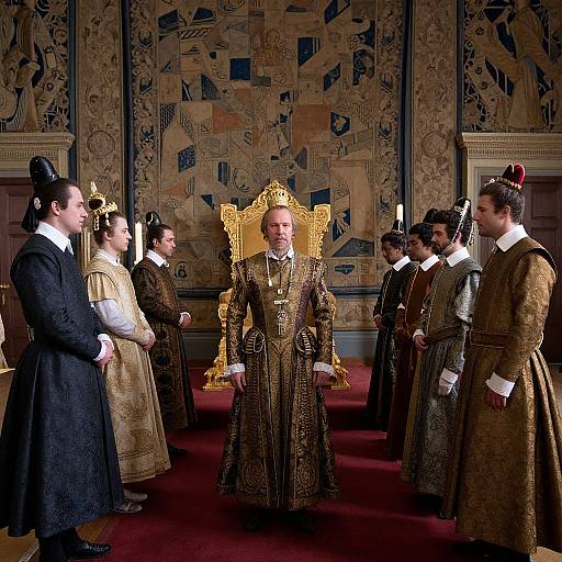 Photograph of a regal ceremony: central figure in ornate gold robe and crown, surrounded by men in black and brown medieval-style attire, standing