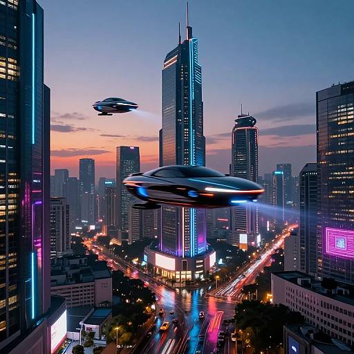 Futuristic cityscape at dusk with flying cars, neon-lit skyscrapers, and bustling streets. Bright lights contrast against a colorful sunset sky