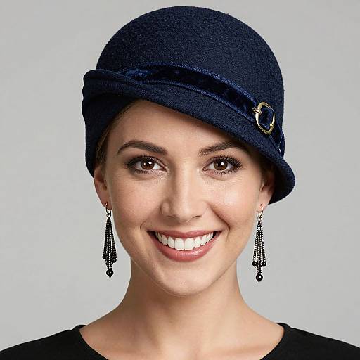 Photograph of a smiling woman with fair skin, dark eyes, wearing a navy blue cloche hat with a gold brooch, black earrings, and