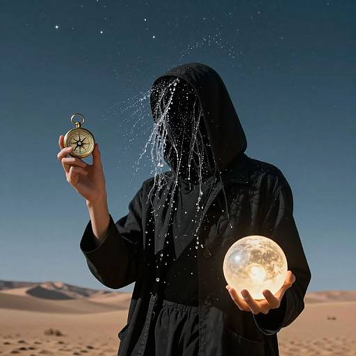 Mysterious figure in black hooded robe holds glowing moon in one hand, vintage compass in the other, water droplets on face, under starry