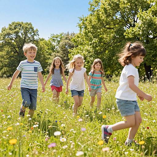 Photograph of five laughing children, diverse genders, running through a sunny, flower-filled meadow with lush green trees in the background.