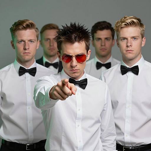 Group of men in white shirts with bow ties and intense expressions