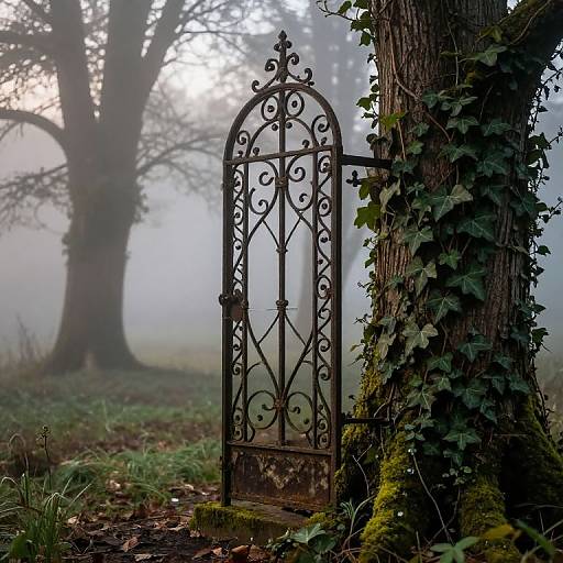 Photograph of an ornate, wrought iron gate with intricate scrollwork, partially covered in ivy, set in a misty forest with tall,