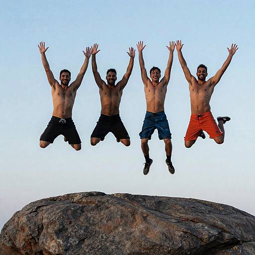 Joyful Jumping Men on a Rock
