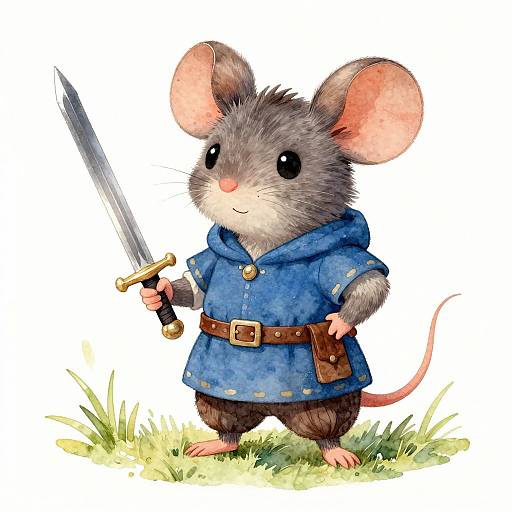Watercolor illustration of a cute, gray mouse in a blue hooded tunic, holding a silver sword, standing on grass.