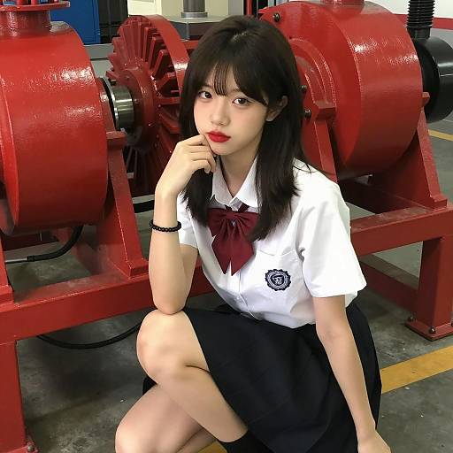 Young Asian Student in School Uniform Near Industrial Machinery
