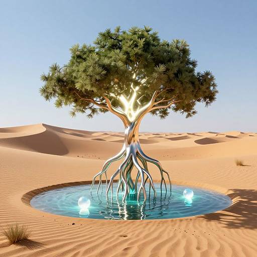 CGI image of a glowing, fantastical tree with exposed roots, standing in a circular blue water pool in a desert, surrounded by golden sand d
