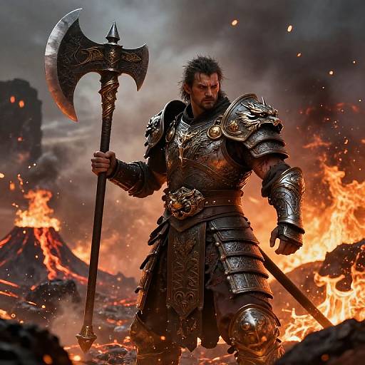 Photorealistic digital art of a muscular, bearded Viking warrior in ornate, silver armor holding a double-headed battle axe amidst a fiery, volcanic