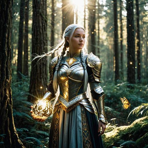 Woman in Ornate Armor with Glowing Orb in Magical Forest