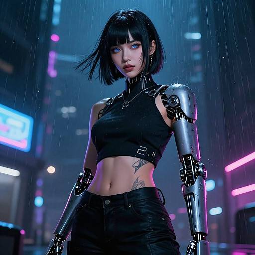 Cyberpunk cityscape at night, rain-soaked, featuring a black-haired woman with blue eyes, robotic arms, black crop top, high-w