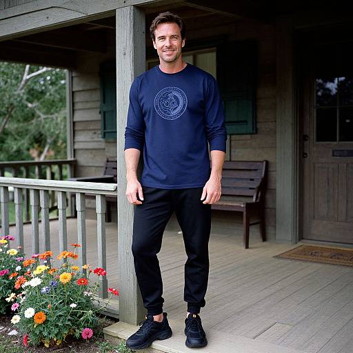 Photograph of a smiling man with short brown hair, wearing a black long-sleeve shirt, black pants, and black shoes, standing on a