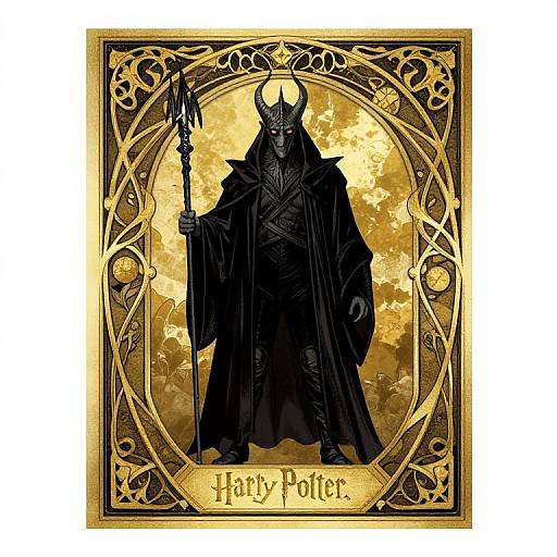 Digital illustration of a dark, horned figure in a black cloak holding a staff, surrounded by ornate golden frame with 