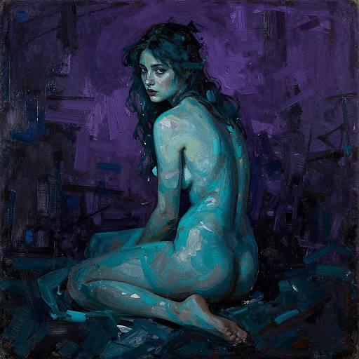 Digital painting of a nude woman with blue and purple hues, sitting in a dark, abstract background, looking over her shoulder.