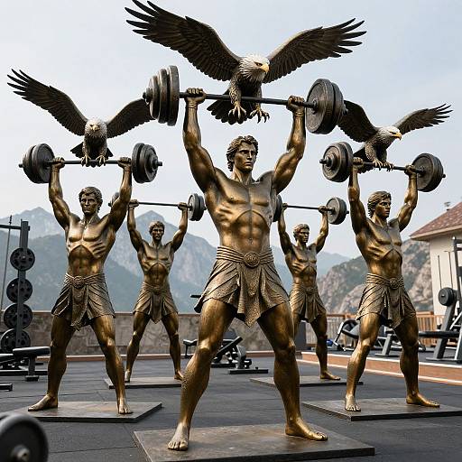 Bronze statue of five muscular men lifting heavy weights, with a large eagle perched on the central barbell, set in a mountainous outdoor gym
