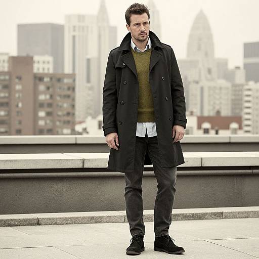 Photograph of a serious, dark-haired man in a black coat, green sweater, and black pants standing on a rooftop with city skyline in the background