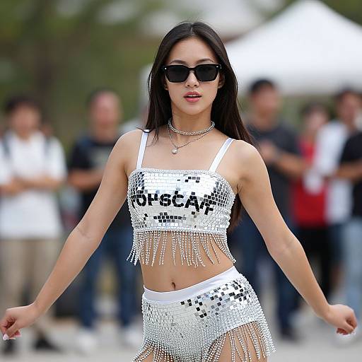 Photograph of a confident woman with long dark hair, wearing black sunglasses, a white sequined crop top with 