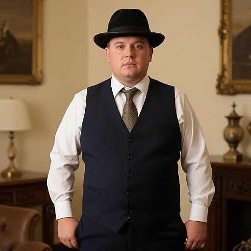 Photograph of a heavyset man with pale skin, wearing a black vest, white shirt, patterned tie, and black bowler hat, standing