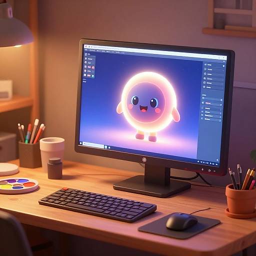 Photograph of a cozy wooden desk with a lit computer screen displaying a cute, glowing, cartoon dog on a blue background. Surroundings include a lamp